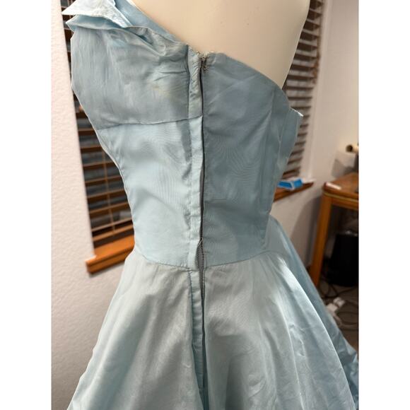 Vintage 1950s Taffeta Strapless Gown Dress S Bubble Hem Pastel Blue Tulle Slip - Picture 4 of 15